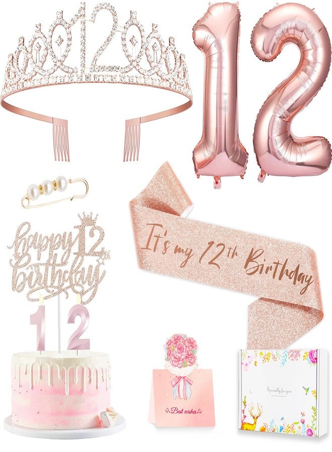 Awfrky 8pcs 12th Birthday Decorations for Girls, Including 12 Year Old Birthday Cake Topper, Birthday Queen Sash with Pearl Pin, Sweet Rhinestone Tiara Crown, Number Candles and Balloons Set, Rose Gold - Image 1