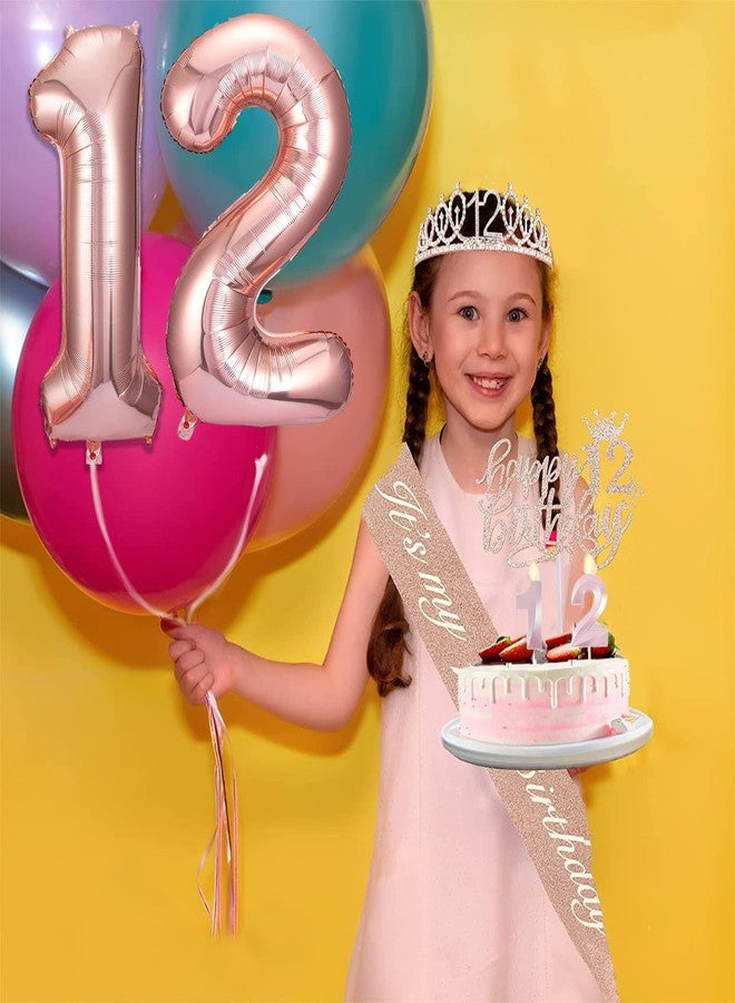 Awfrky 8pcs 12th Birthday Decorations for Girls, Including 12 Year Old Birthday Cake Topper, Birthday Queen Sash with Pearl Pin, Sweet Rhinestone Tiara Crown, Number Candles and Balloons Set, Rose Gold - Image 3