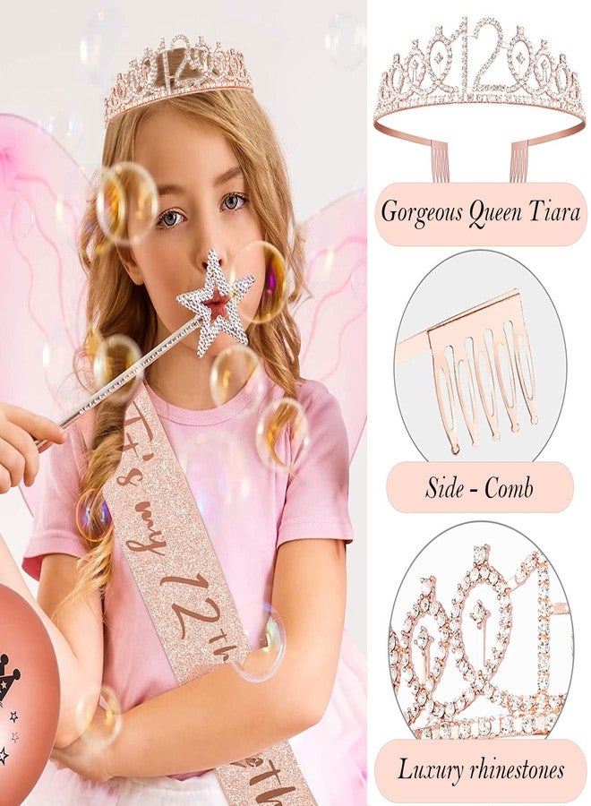Awfrky 8pcs 12th Birthday Decorations for Girls, Including 12 Year Old Birthday Cake Topper, Birthday Queen Sash with Pearl Pin, Sweet Rhinestone Tiara Crown, Number Candles and Balloons Set, Rose Gold - Image 4