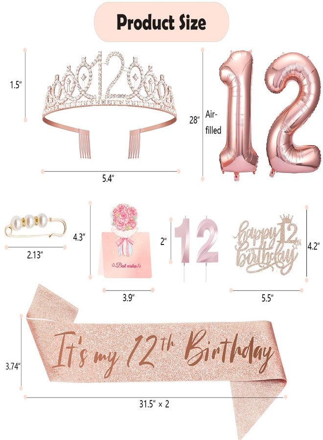 Awfrky 8pcs 12th Birthday Decorations for Girls, Including 12 Year Old Birthday Cake Topper, Birthday Queen Sash with Pearl Pin, Sweet Rhinestone Tiara Crown, Number Candles and Balloons Set, Rose Gold - Image 2