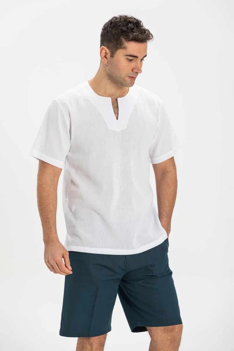 Eliş Şile Bezi Eliş Şile Cloth Short Sleeve Şile Cloth Cycling Collar Men's T-Shirt White