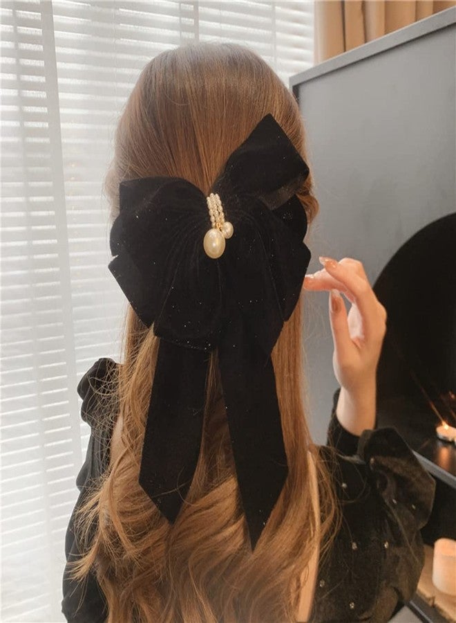 Jumwrit Large Bow Hair Clip Strong Hold Bow Hairpin Hair Barrette Vintage Pearl Bowknot Hair Clip French Design Hair Styling Accessories for Women Girls（Black） - Image 1