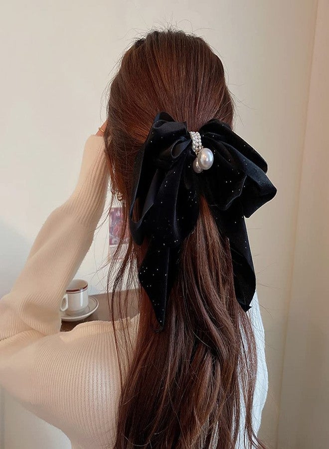 Jumwrit Large Bow Hair Clip Strong Hold Bow Hairpin Hair Barrette Vintage Pearl Bowknot Hair Clip French Design Hair Styling Accessories for Women Girls（Black） - Image 2