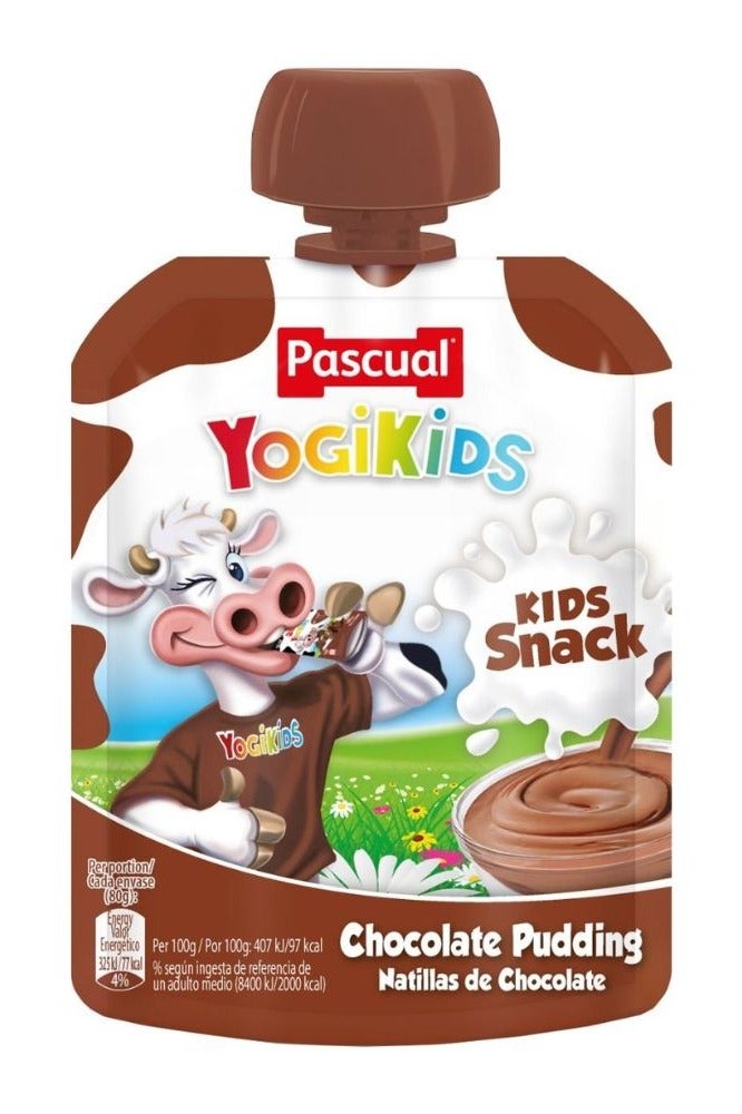 Pascual Yogikids Chocolate Pudding Pouch 80g | Long-Life Snack for Kids | Source of Calcium & Protein | Made in Spain