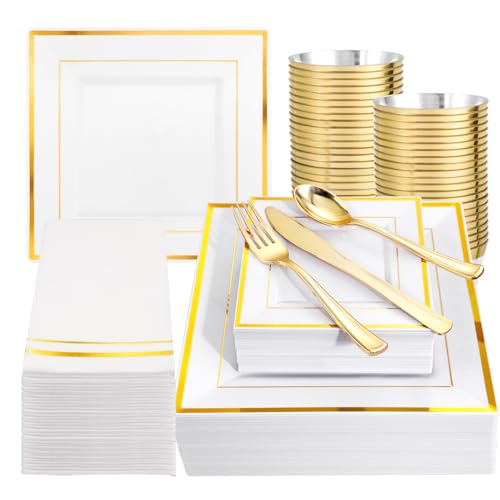 Festiva 350Pcs Gold Plastic Plates - Disposable Square Gold Plates Dinnerware set include 9.5"/6" Plates,Cups,Plastic Cutlery,Hand Napkins Perfect for 50 guests Party&Wedding&Thanksgiving&Christmas - Image 1