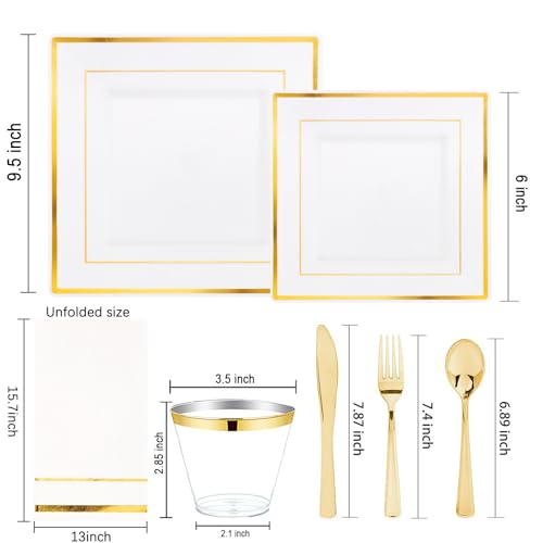 Festiva 350Pcs Gold Plastic Plates - Disposable Square Gold Plates Dinnerware set include 9.5"/6" Plates,Cups,Plastic Cutlery,Hand Napkins Perfect for 50 guests Party&Wedding&Thanksgiving&Christmas - Image 2