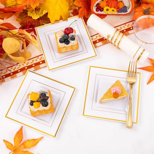 Festiva 350Pcs Gold Plastic Plates - Disposable Square Gold Plates Dinnerware set include 9.5"/6" Plates,Cups,Plastic Cutlery,Hand Napkins Perfect for 50 guests Party&Wedding&Thanksgiving&Christmas - Image 4