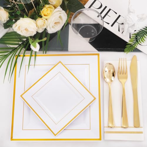Festiva 350Pcs Gold Plastic Plates - Disposable Square Gold Plates Dinnerware set include 9.5"/6" Plates,Cups,Plastic Cutlery,Hand Napkins Perfect for 50 guests Party&Wedding&Thanksgiving&Christmas - Image 5