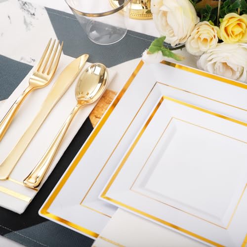 Festiva 350Pcs Gold Plastic Plates - Disposable Square Gold Plates Dinnerware set include 9.5"/6" Plates,Cups,Plastic Cutlery,Hand Napkins Perfect for 50 guests Party&Wedding&Thanksgiving&Christmas - Image 3