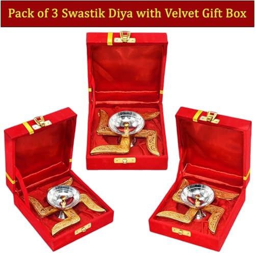 Saugat Traders Diwali Bulk Corporate Gift for Clients - Pack of 3 Swastik Diya with Velvet Gift Box for Employees, Office Staff, Family, Colleagues - New Year Housewarming Spiritual Return Gifts - Image 2