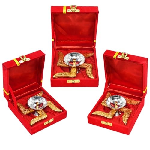 Saugat Traders Diwali Bulk Corporate Gift for Clients - Pack of 3 Swastik Diya with Velvet Gift Box for Employees, Office Staff, Family, Colleagues - New Year Housewarming Spiritual Return Gifts - Image 1