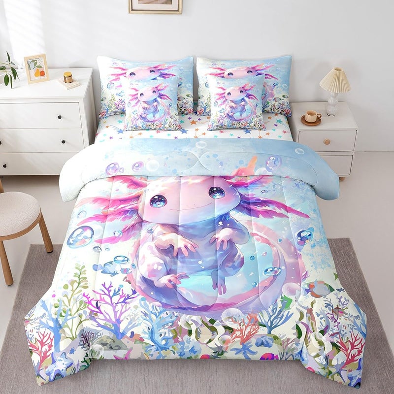 Feelyou Boys Girls Cute Axolotl Comforter Set with Sheets Twin Size Ocean Sealife 7 Pieces Bedding Sets Kids Kawaii Bed in A Bag Cartoon Salamander Bed Set