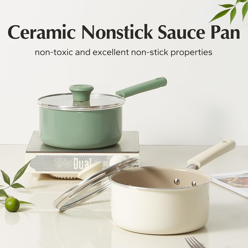 Redchef Ceramic Nonstick Saucepan with Lid, 2.5QT Small Cooking Pot, Non Toxic Sauce Pans for Kitchen, Cool Handle PFAS Free Compatible with All Cooktops, Green - Image 2