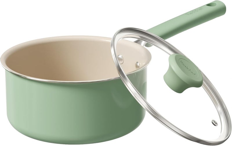 Redchef Ceramic Nonstick Saucepan with Lid, 2.5QT Small Cooking Pot, Non Toxic Sauce Pans for Kitchen, Cool Handle PFAS Free Compatible with All Cooktops, Green - Image 1