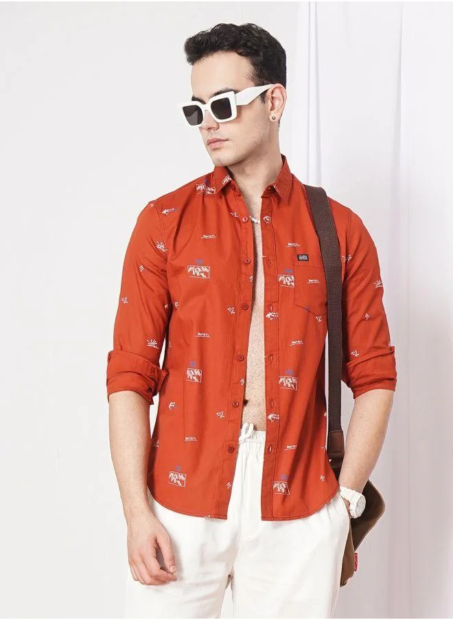 شركة المرآب الهندية Men Slim Fit Abstract Printed Full Sleeves Spread Collar Casual Shirt