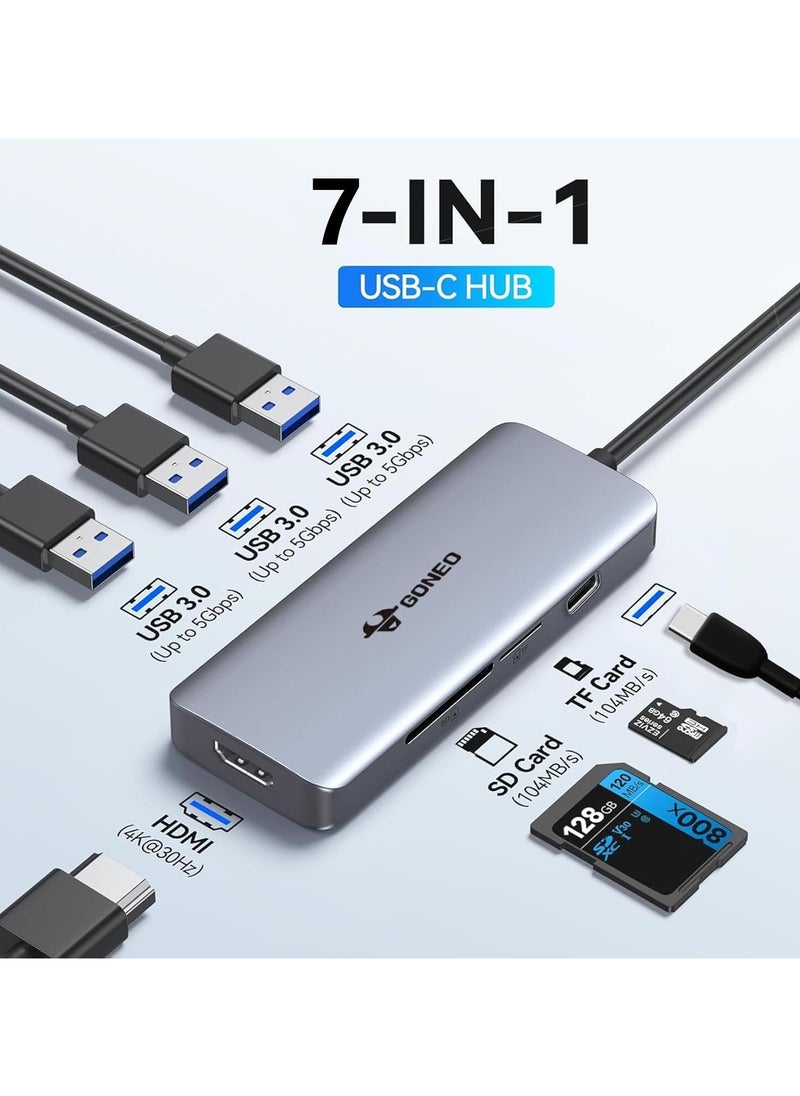 جونيو محول متعدد المنافذ 7 في 1 من GONEO USB C Hub مع محطة إرساء USB C مع منفذ HDMI بدقة 4K و3 منافذ USB وقارئ بطاقات SD/TF ودونجل USB C لأجهزة الكمبيوتر المحمولة Dell/MacBook Pro/MacBook Air/HP XPS/Lenovo  - Image 2