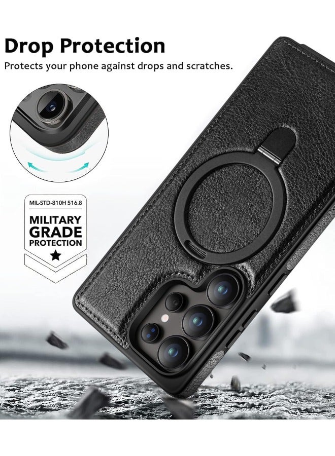 Mikki Magnetic for Samsung Galaxy S25 Ultra Leather Case, Invisible Stand [Compatible with Magsafe] Luxury, Elegant, and Beautiful Design Cover, Non-Slip Vintage Looking Slim Kickstand Phone Cover, Black - Image 4