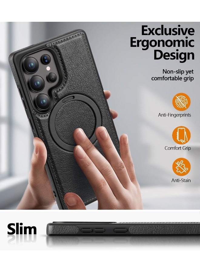 Mikki Magnetic for Samsung Galaxy S25 Ultra Leather Case, Invisible Stand [Compatible with Magsafe] Luxury, Elegant, and Beautiful Design Cover, Non-Slip Vintage Looking Slim Kickstand Phone Cover, Black - Image 3