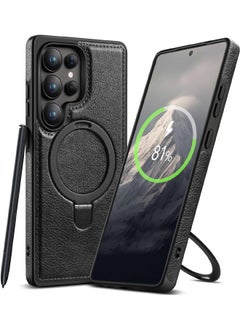 Mikki Magnetic for Samsung Galaxy S25 Ultra Leather Case, Invisible Stand [Compatible with Magsafe] Luxury, Elegant, and Beautiful Design Cover, Non-Slip Vintage Looking Slim Kickstand Phone Cover, Black  - Image 1