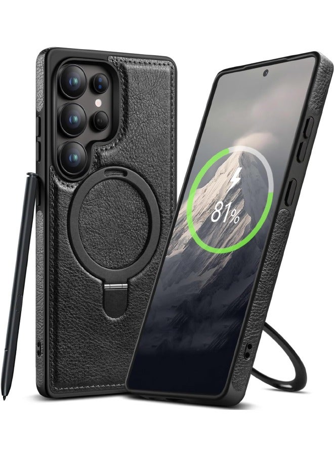 Mikki Magnetic for Samsung Galaxy S25 Ultra Leather Case, Invisible Stand [Compatible with Magsafe] Luxury, Elegant, and Beautiful Design Cover, Non-Slip Vintage Looking Slim Kickstand Phone Cover, Black - Image 1