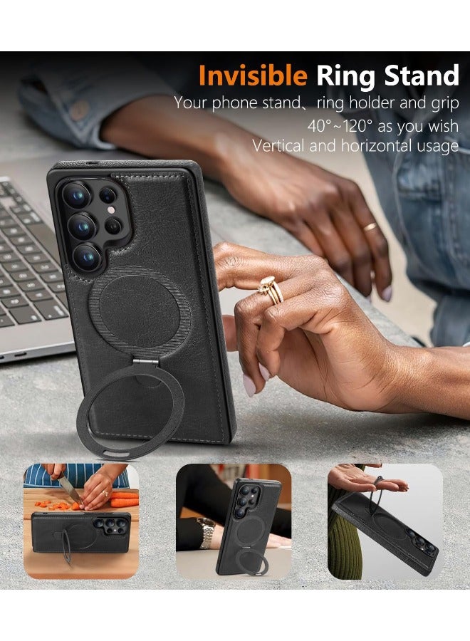 Mikki Magnetic for Samsung Galaxy S25 Ultra Leather Case, Invisible Stand [Compatible with Magsafe] Luxury, Elegant, and Beautiful Design Cover, Non-Slip Vintage Looking Slim Kickstand Phone Cover, Black - Image 2