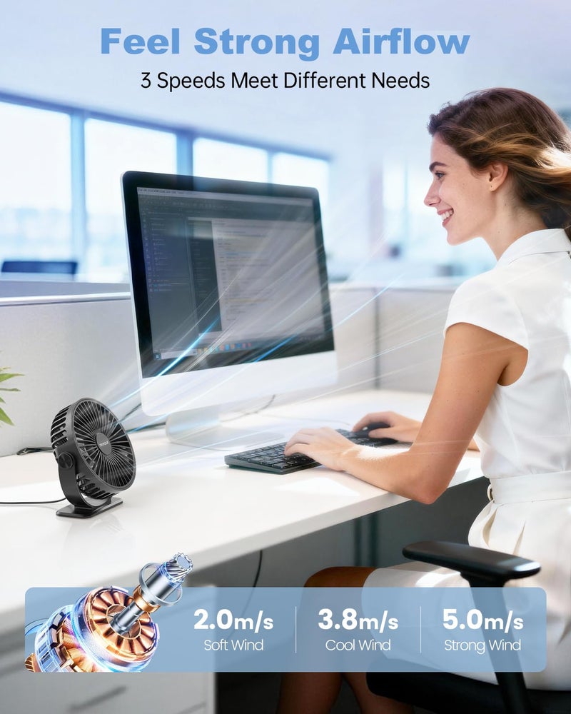 TriPole Desk Fan USB Powered Small Portable Fan, 3 Speeds Adjustable Strong Breeze Mini Personal Fans, 360Â° Rotation Quiet Plug In USB Fans for Desktop Bedroom Office Table Travel, Black, 4.9ft Cable - Image 2