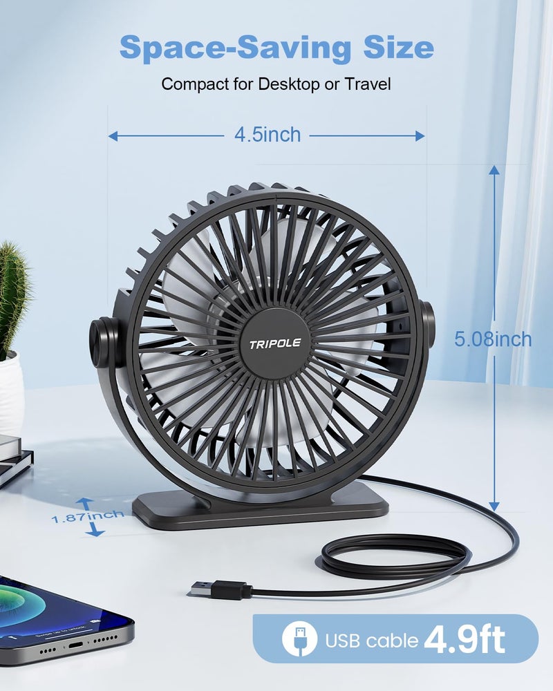 TriPole Desk Fan USB Powered Small Portable Fan, 3 Speeds Adjustable Strong Breeze Mini Personal Fans, 360Â° Rotation Quiet Plug In USB Fans for Desktop Bedroom Office Table Travel, Black, 4.9ft Cable - Image 3