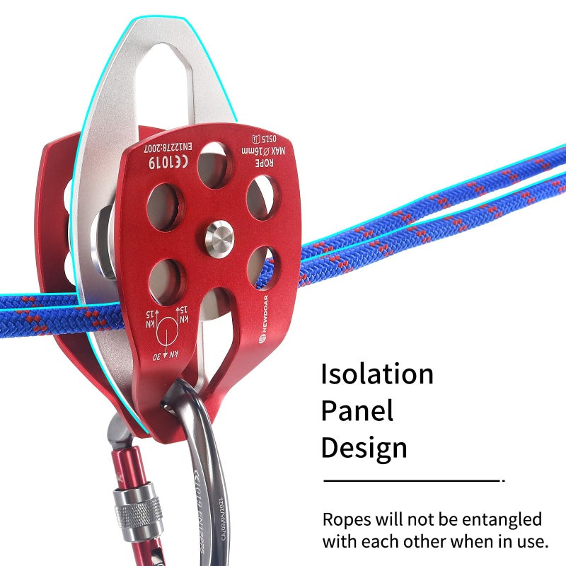 NewDoar 30 KN CE Certified Large Rescue Pulley Double Sheave with Swing Plate for Outdoor Mountaineering Rock Climbing Rescue(Red 2pcs) - Image 4
