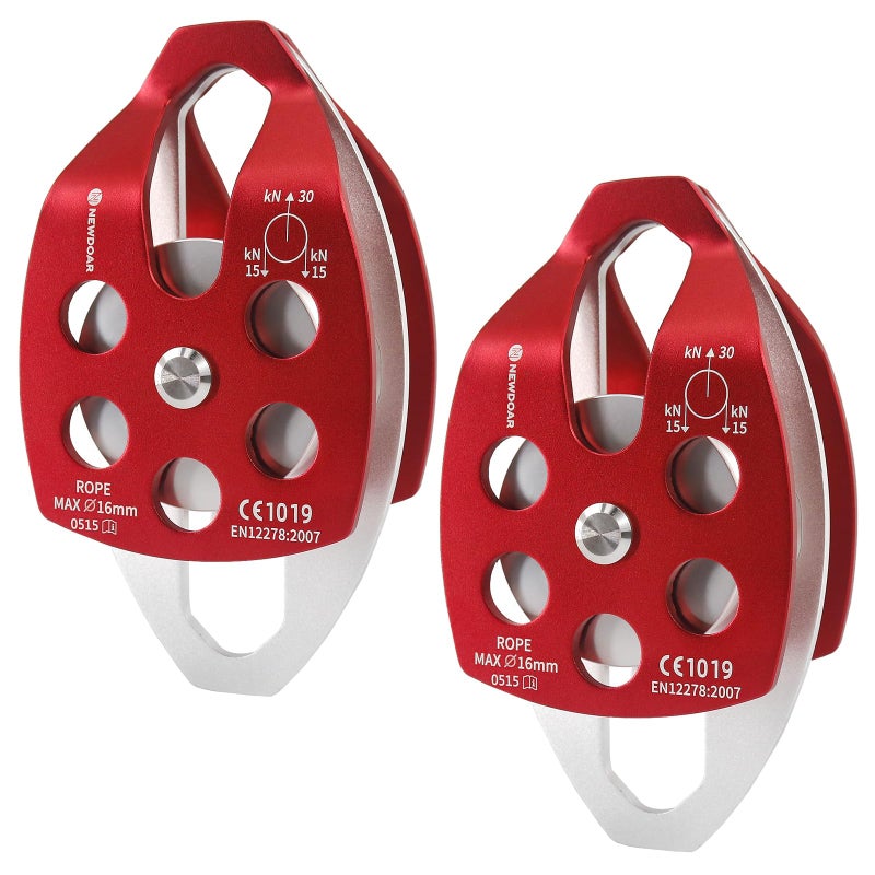 NewDoar 30 KN CE Certified Large Rescue Pulley Double Sheave with Swing Plate for Outdoor Mountaineering Rock Climbing Rescue(Red 2pcs) - Image 1