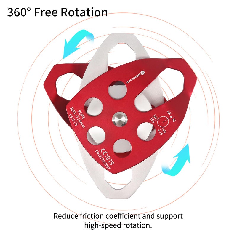 NewDoar 30 KN CE Certified Large Rescue Pulley Double Sheave with Swing Plate for Outdoor Mountaineering Rock Climbing Rescue(Red 2pcs) - Image 5