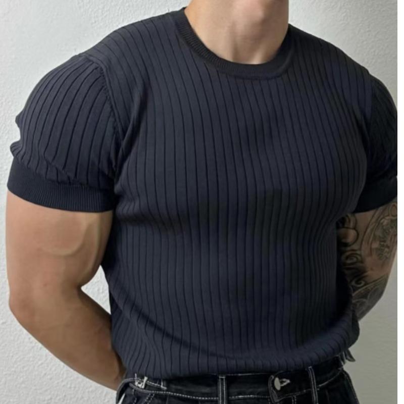 Summer Thin Round Neck Short-sleeved Sweater Men's Slim-fit Stretch Trendy All-match Design Sense Vertical Stripe Half-sleeved T-shirt - Image 2