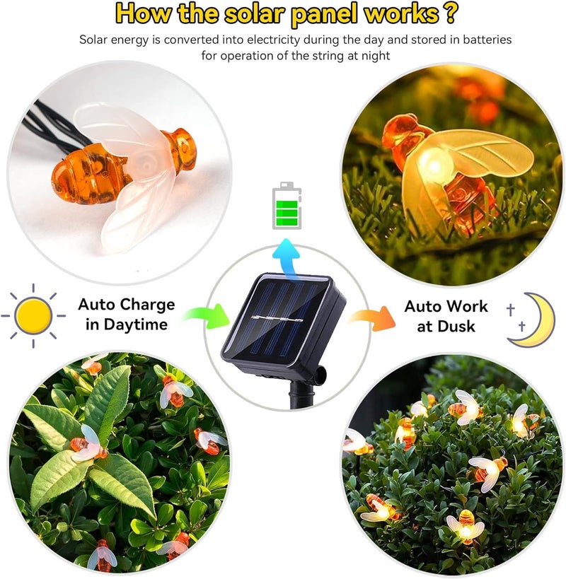 XERGY Solar String Lights Waterproof 30 LED 8 Mode Cute Bee Lights Outdoor Lights Starry Fairy Lights,Wedding Home Gardens Patio Party Christmas Tree Decor(Warm White) - Image 4