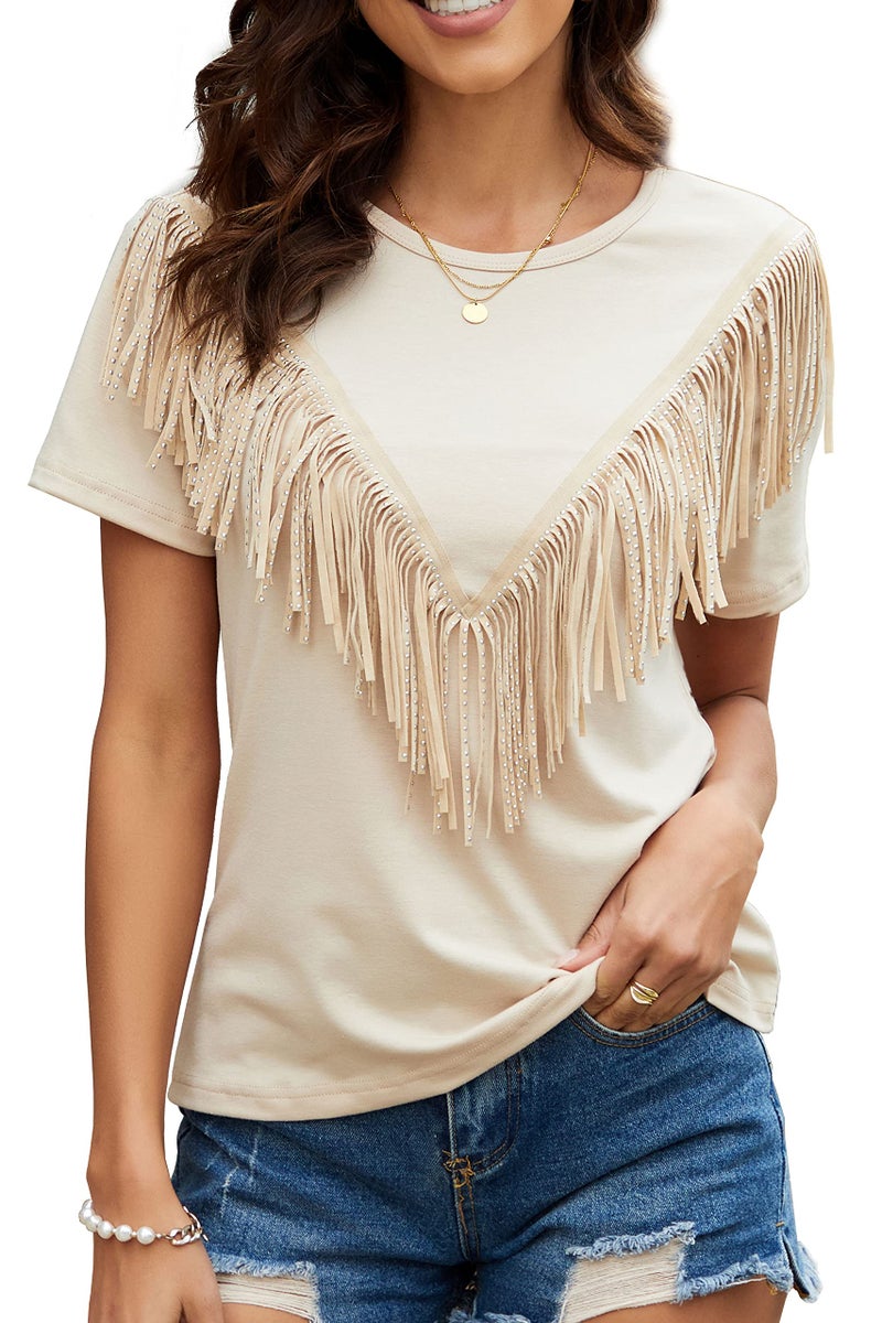 PESION Women's Fringe Trim Shirts Short Sleeve Tassel Trim Blouse T-Shirt Tops, Khaki, X-Large - Image 1