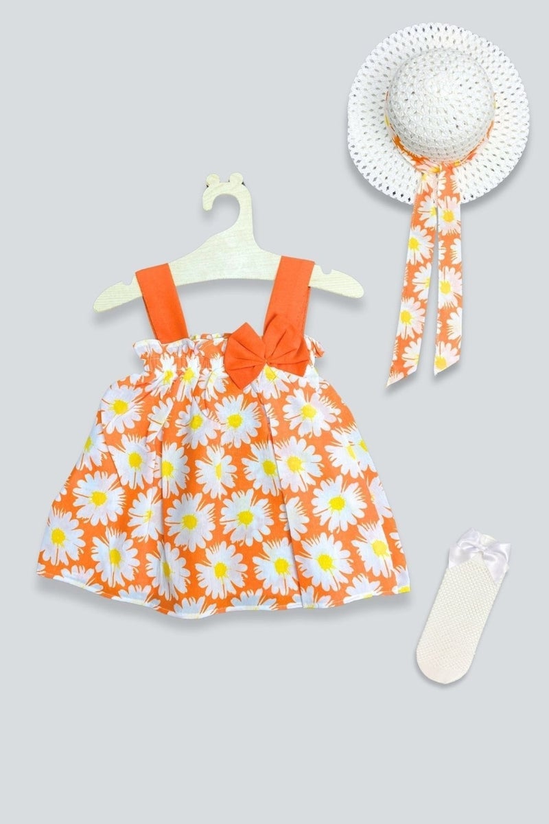 Adabebek Hat Orange Flower Dress Fishnet Socks Set