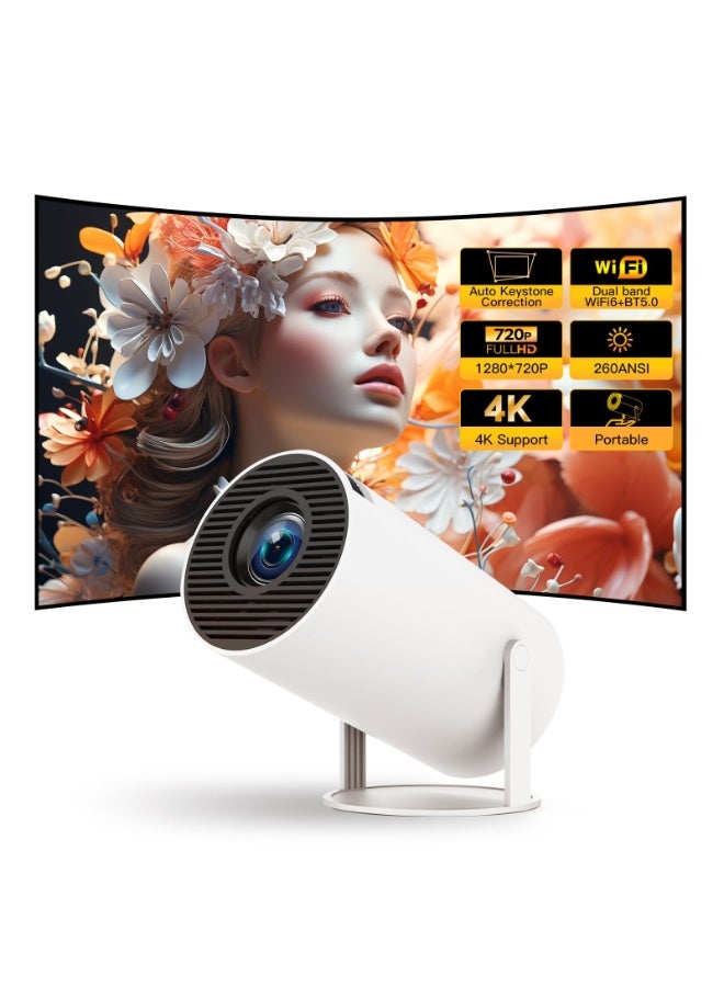 4K HY-300 Pro Mini Projector with WiFi 6 and Bluetooth 5.0 Outdoor Movie Projector Portable Smart Projector for Home Theater Compatible with iOS Android PC DVD (White)  - Image 1