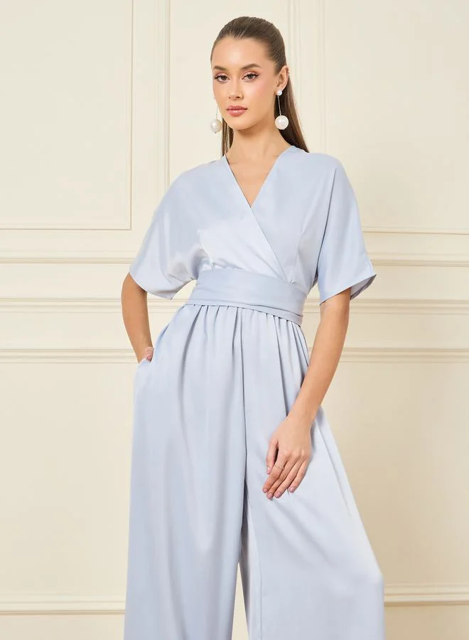 Styli Satin Front Wrap Wide Leg Jumpsuit