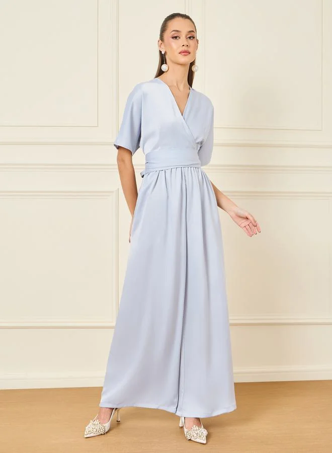 Styli Satin Front Wrap Wide Leg Jumpsuit