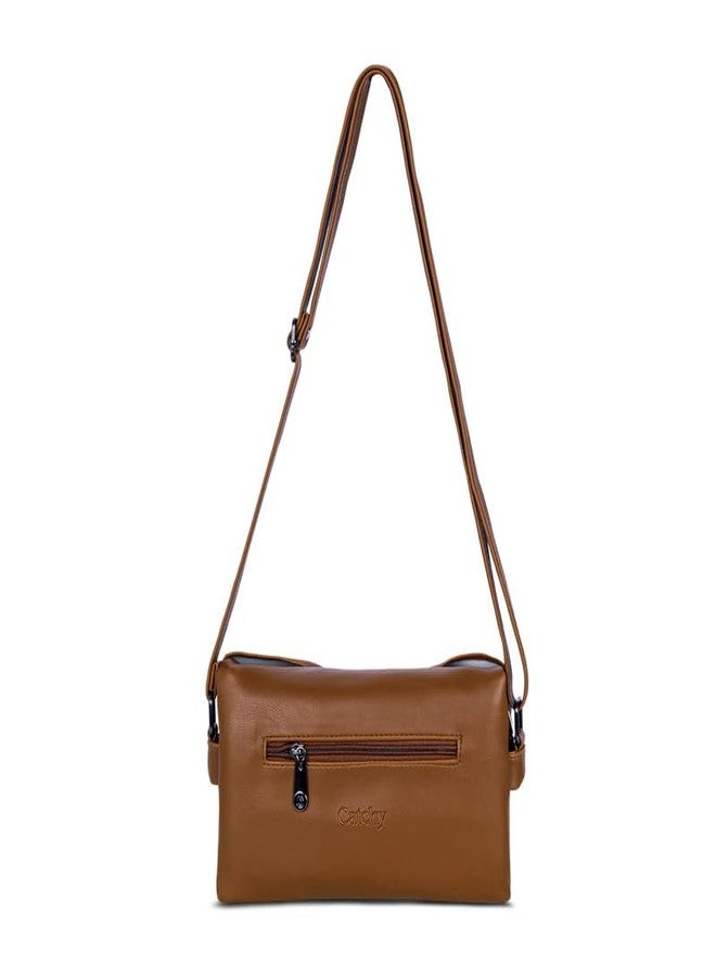Catchy Tan Zipper Faux Leather Womens Sling Bag - Image 4
