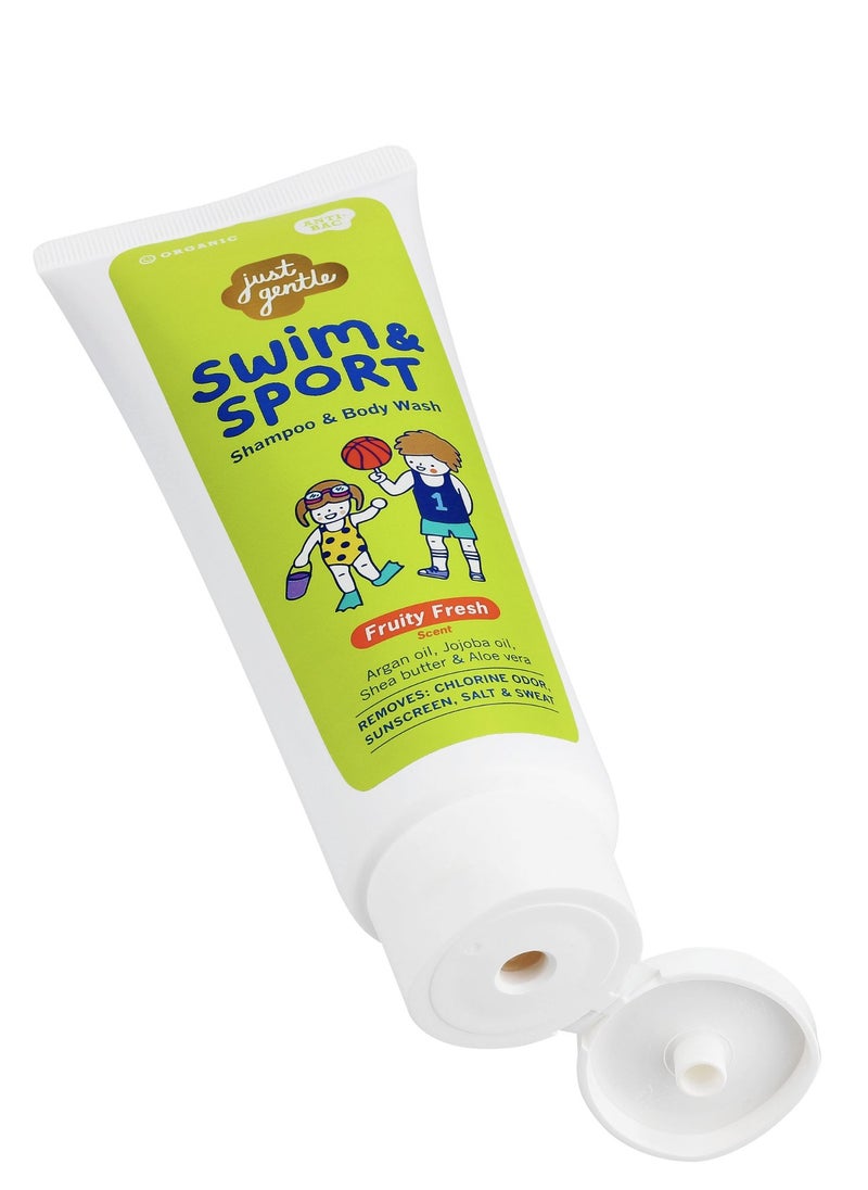 Just Gentle Just Gentle Swim & Sport Shampoo and Body Wash - Fruity Fresh, Washes Away Chlorine, Salt, Sweat & Odor, Enriched with Argan Oil, Jojoba Oil, Shea Butter & Aloe Vera, 180ml  - Image 3