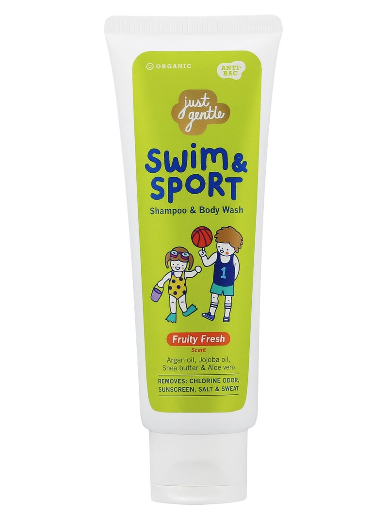Just Gentle Just Gentle Swim & Sport Shampoo and Body Wash - Fruity Fresh, Washes Away Chlorine, Salt, Sweat & Odor, Enriched with Argan Oil, Jojoba Oil, Shea Butter & Aloe Vera, 180ml  - Image 1