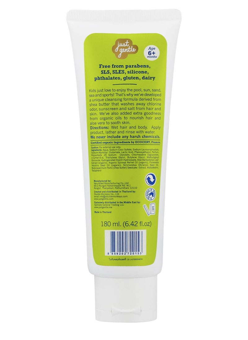 Just Gentle Just Gentle Swim & Sport Shampoo and Body Wash - Fruity Fresh, Washes Away Chlorine, Salt, Sweat & Odor, Enriched with Argan Oil, Jojoba Oil, Shea Butter & Aloe Vera, 180ml  - Image 2