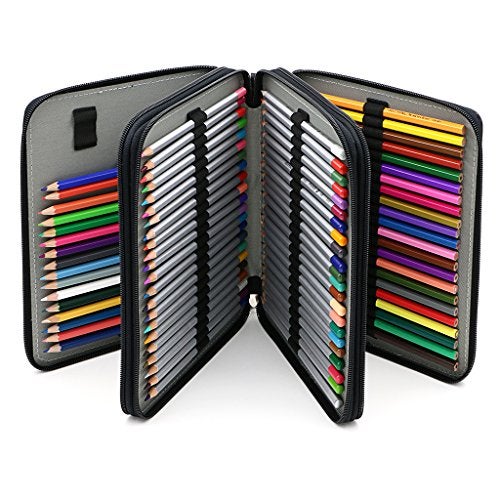 BTSKY Deluxe PU Leather Pencil Case For Colored Pencils - 120 Slot Pencil Holder with Handle Strap Handy Colored Pencil Box Large(Black) - Image 1