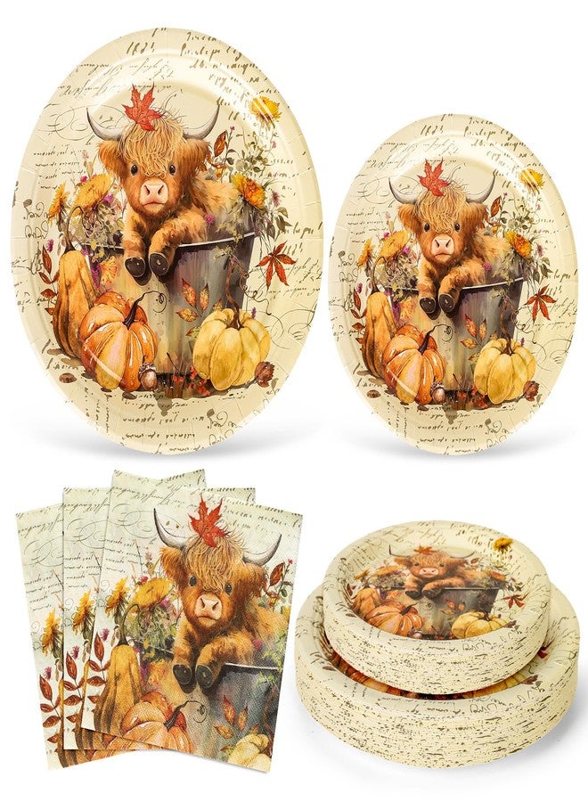 JarThenaAMCS 72Pcs Fall Tableware Set Highland Cow Pumpkin Party Supplies Autumn Disposable Paper Plates and Napkins for 24 Guests Thanksgiving Harvest Birthday - Image 1