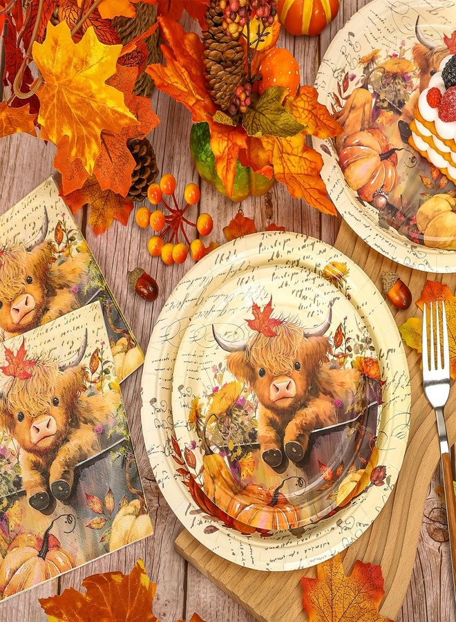 JarThenaAMCS 72Pcs Fall Tableware Set Highland Cow Pumpkin Party Supplies Autumn Disposable Paper Plates and Napkins for 24 Guests Thanksgiving Harvest Birthday - Image 3