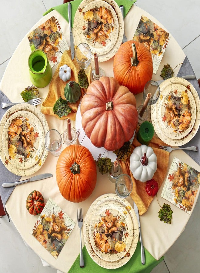 JarThenaAMCS 72Pcs Fall Tableware Set Highland Cow Pumpkin Party Supplies Autumn Disposable Paper Plates and Napkins for 24 Guests Thanksgiving Harvest Birthday - Image 5