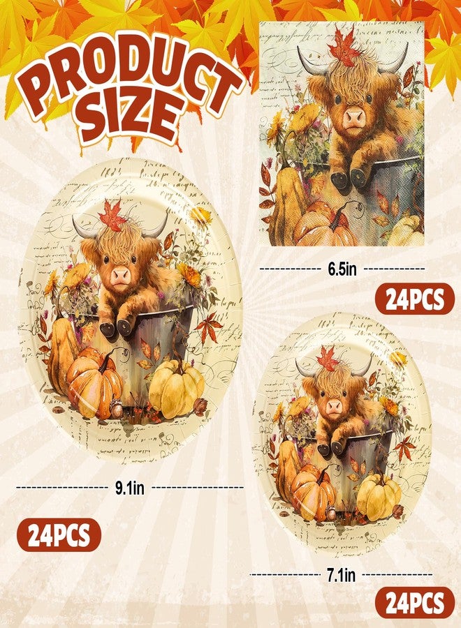 JarThenaAMCS 72Pcs Fall Tableware Set Highland Cow Pumpkin Party Supplies Autumn Disposable Paper Plates and Napkins for 24 Guests Thanksgiving Harvest Birthday - Image 2
