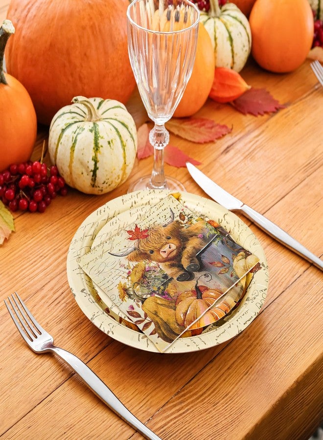 JarThenaAMCS 72Pcs Fall Tableware Set Highland Cow Pumpkin Party Supplies Autumn Disposable Paper Plates and Napkins for 24 Guests Thanksgiving Harvest Birthday - Image 4