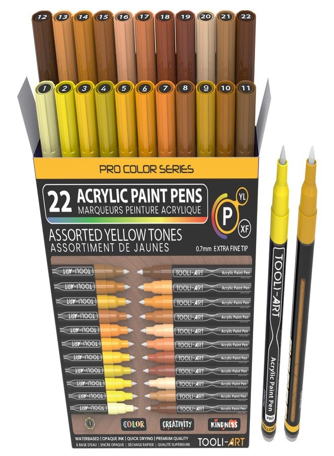 TOOLI-ART Acrylic Paint Pens 22 Yellow & Brown Tones Assorted Pro Color Series Markers Set 0.7mm Extra Fine Tip for Rock Painting, Glass, Mugs, Wood, Metal, Canvas, Projects, Non Toxic, Waterbased, Quick Drying - Image 1