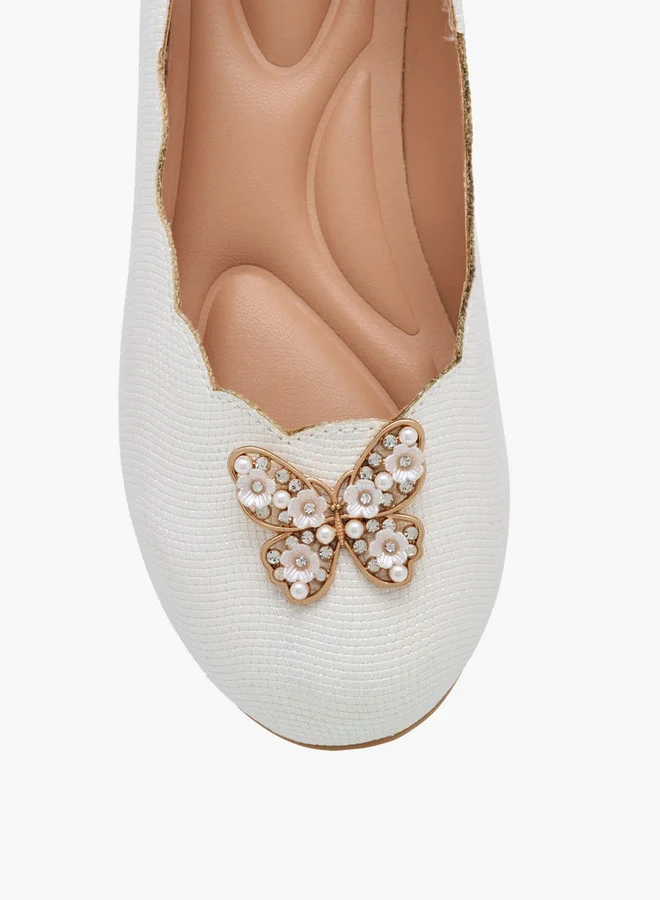 Little Missy Girls Butterfly Embellished Ballerina Shoes with Scallop Hem