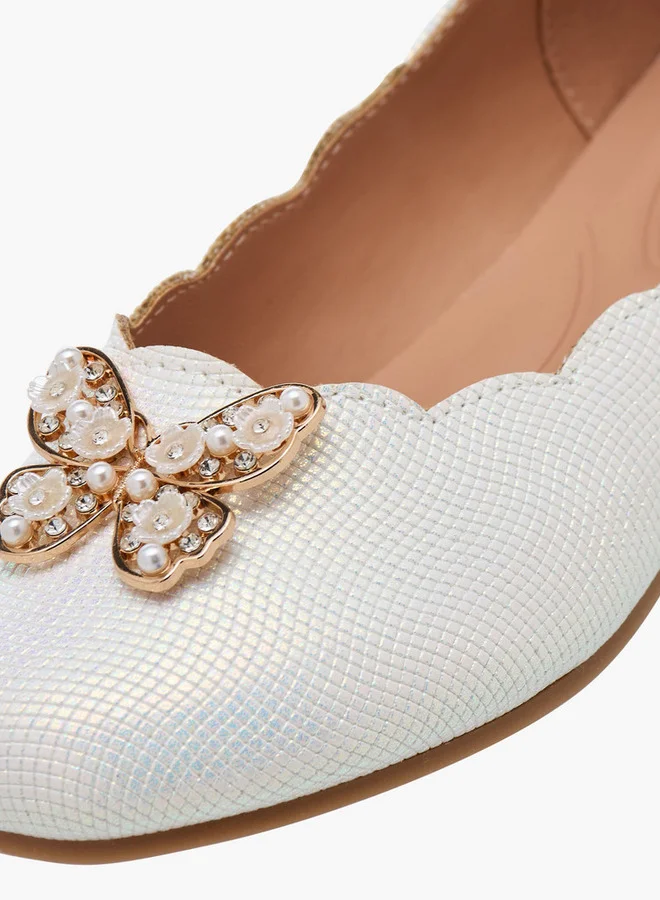 Little Missy Girls Butterfly Embellished Ballerina Shoes with Scallop Hem